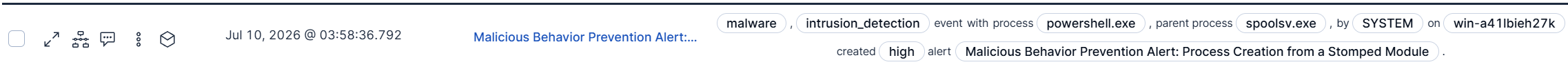 Elastic Process Creation from a Stomped Module alert