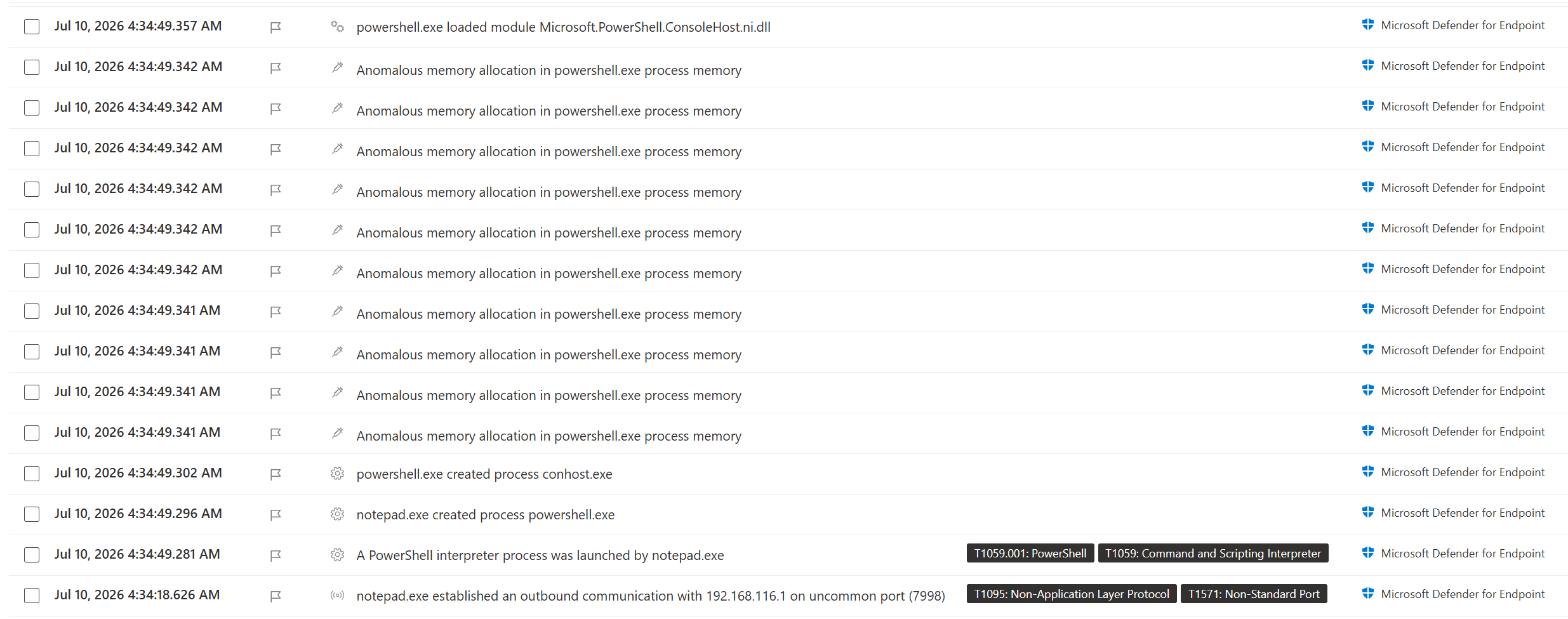 notepad.exe network activity and PowerShell launch in the MDE timeline