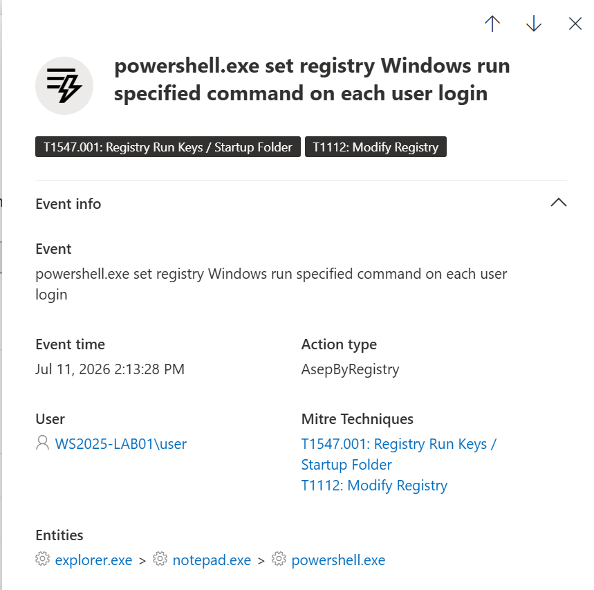 HKCU Windows Run startup-entry modification in the MDE timeline